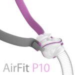 Close-up of an AirFit P10 CPAP nasal mask with purple and gray head straps.