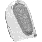 Transparent plastic water filter with a gray internal cartridge, displayed on a white background.