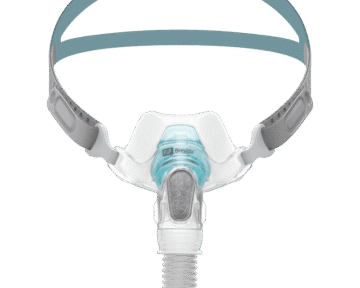 CPAP nasal mask with blue headgear and clear plastic nasal cushion, shown on a white background.