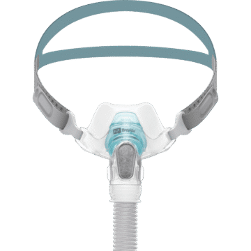 CPAP nasal mask with blue headgear and clear plastic nasal cushion, shown on a white background.