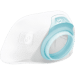 White and blue respirator mask with an M-L size label on the blue circular section.