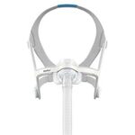 CPAP nasal mask with headgear and attached hose, shown in a front-facing view on a white background.
