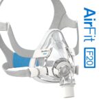 A ResMed AirFit F20 CPAP full face mask with headgear, shown on a white background with product branding.