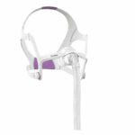 White and purple CPAP nasal mask with headgear and a long tubing attached, shown on a white background.
