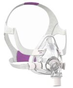 Full-face CPAP mask with gray and purple straps and clear plastic airflow section.