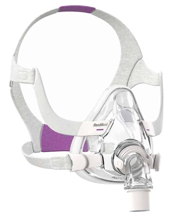 Full-face CPAP mask with gray and purple straps and clear plastic airflow section.