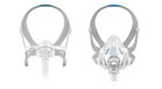 Two CPAP masks with gray head straps, shown from front and rear angles on a white background.