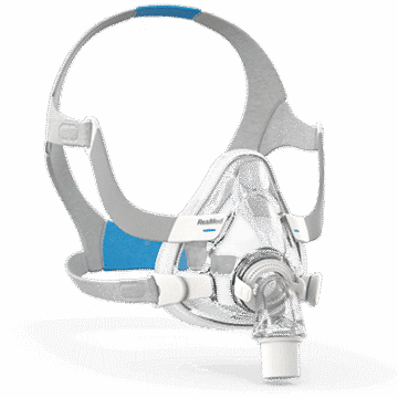 Full-face CPAP mask with adjustable headgear and clear plastic for sleep apnea therapy.