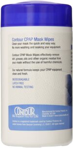 A container of Contour CPAP Mask Wipes with product details and instructions on the label.
