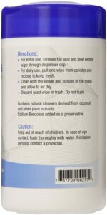 Back of a wipes container showing usage directions, cautions, and ingredients, with a blue lid on top.