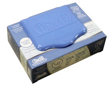 A blue box with a blue lid for Contour CPAP Mask Wipes cleaning.