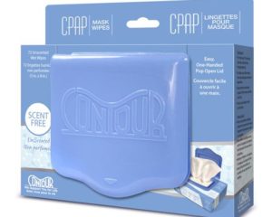 A blue box with a blue cover on it for Contour CPAP Mask Wipes cleaning.
