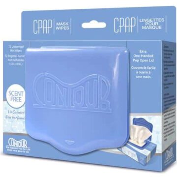A blue box with a blue cover on it for Contour CPAP Mask Wipes cleaning.