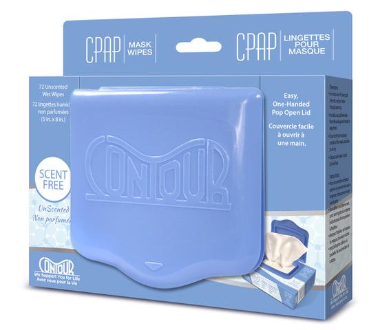 A blue box with a blue cover on it for Contour CPAP Mask Wipes cleaning.