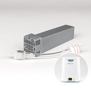 Gray rectangular medical filter with attached tubing; inset shows a white device labeled "SofClear.