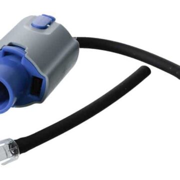 A blue and gray plastic hose connector with two attached black flexible hoses and metal clamps.