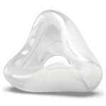 Clear silicone CPAP mask cushion with a triangular shape, designed for comfortable facial fit.