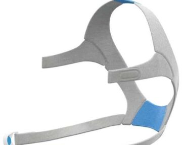 Gray and blue CPAP headgear strap with adjustable bands, designed for sleep apnea therapy.