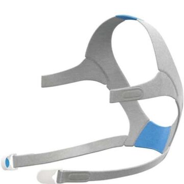 Gray and blue CPAP headgear strap with adjustable bands, designed for sleep apnea therapy.