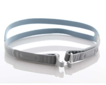 A gray and light blue adjustable elastic head strap with plastic clips on a white background.