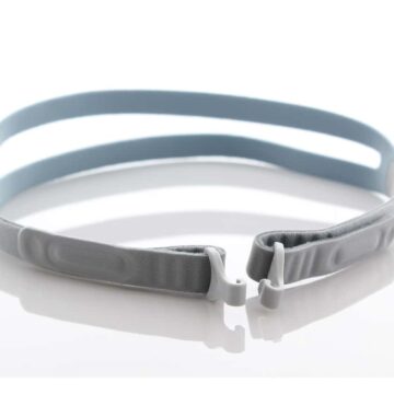 A gray and light blue adjustable elastic head strap with plastic clips on a white background.
