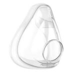 Clear plastic CPAP mask cushion with a circular opening in the center, isolated on a white background.