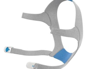A ResMed AirFit N20 Nasal CPAP Mask Headgear in grey and blue.