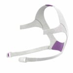 Gray and purple CPAP headgear strap with adjustable Velcro closures, designed for sleep apnea masks.
