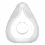 White silicone face mask cushion with a triangular shape and a circular opening in the center.