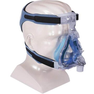 Clear mannequin head wearing a CPAP full face mask with blue and clear straps and headgear.