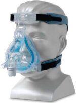 Clear plastic CPAP mask with head straps displayed on a white mannequin head.