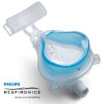 Clear and blue Philips Respironics CPAP mask with logo and "sense and simplicity" slogan in the corner.