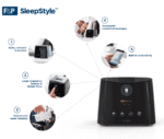 F&P SleepStyle device with labeled features, including buttons, chamber, connectivity, and comfort technologies.