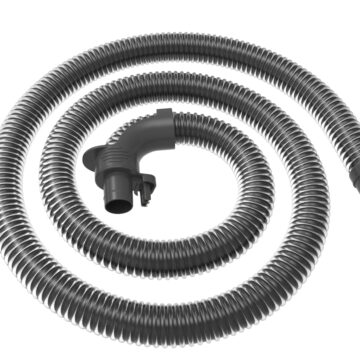 Coiled black and gray flexible hose with a connector attachment, shown on a white background.