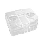 Transparent plastic storage container with two round openings on the lid.