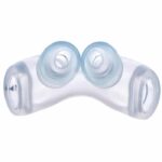 Clear and blue silicone mask frame with two soft nasal pillow openings, viewed from above.