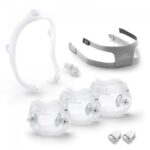 CPAP nasal mask kit with headgear, frame, three cushions, and two clips on a white background.