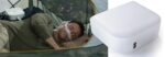 Man sleeping in a tent with a CPAP machine; close-up of a small, white CPAP device shown on the right.