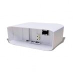 White plastic wall-mounted fiber optic cable box with multiple internal slots and connection ports.