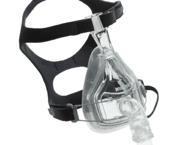 Clear full-face CPAP mask with black adjustable headgear straps, used for sleep apnea therapy.