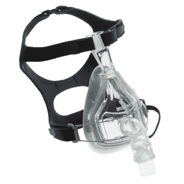 Clear full-face CPAP mask with black adjustable headgear straps, used for sleep apnea therapy.