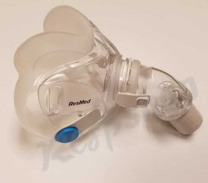 A ResMed AirFit F30 Full Face CPAP Mask with a blue lid.