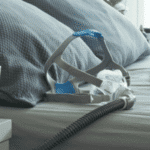 A bed with a ResMed AirFit F30 Full Face CPAP Mask on it.