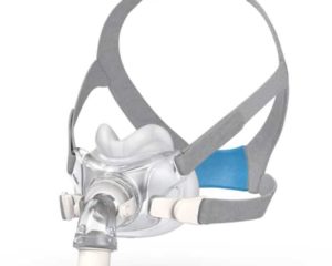 ResMed AirFit F30 Full Face CPAP Mask with a blue strap.