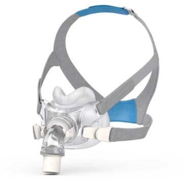 ResMed AirFit F30 Full Face CPAP Mask with a blue strap.