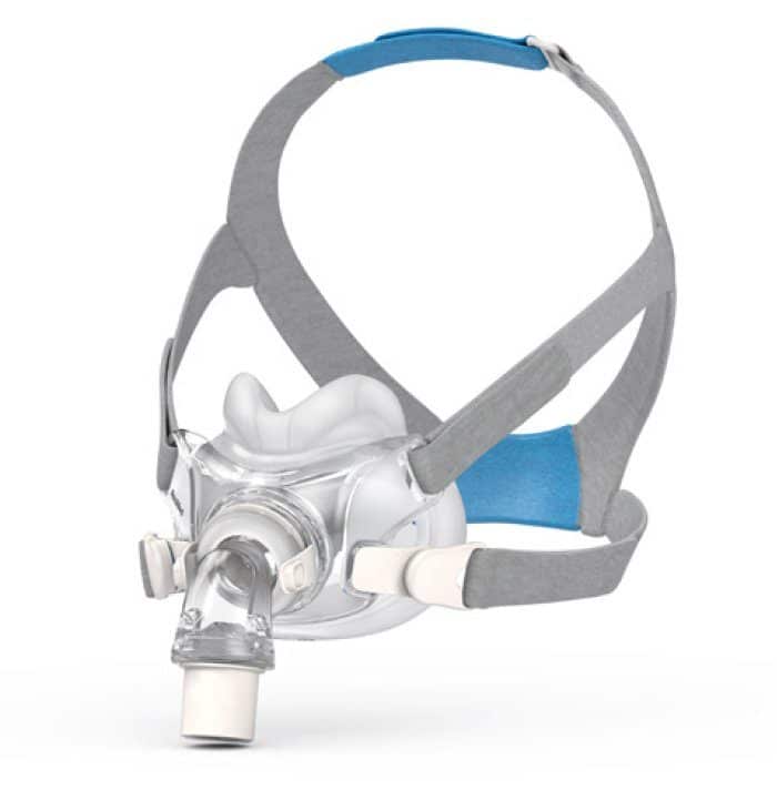 ResMed AirFit F30 Full Face CPAP Mask with a blue strap.