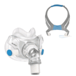 A ResMed AirFit F30 full face CPAP mask with a blue headband and mask.