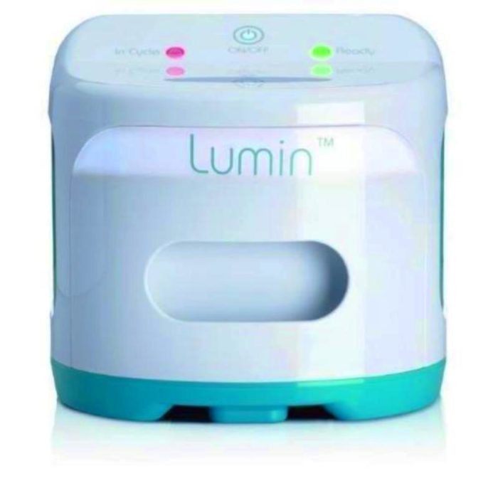 The Lumin UVC Sanitizing System (Mask & Accessories Cleaner) is a white and blue CPAP mask cleaner with a blue light on it.