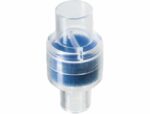 A clear plastic container with a blue lid that contains a Z1 Heat Moisture Exchanger for CPAP Machines.