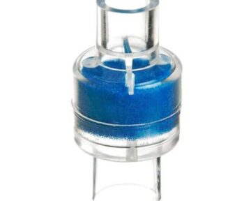 A Z1 Heat Moisture Exchanger for CPAP Machines, a clear plastic container with blue sand inside, is used as a Universal InLine Heat Moisture Exchanger.